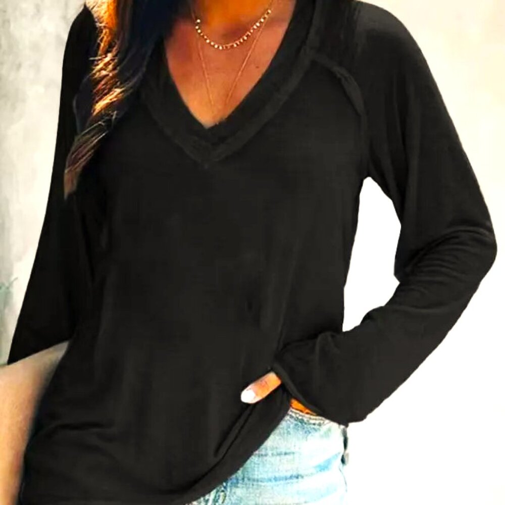 Black Size Extra Large V-Neck Reverse Stitch Ragl… - image 1